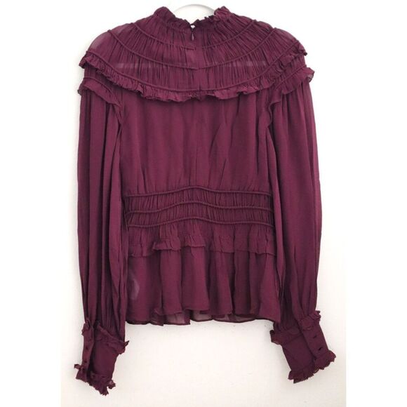 Farm Rio 315975 Women's Sz XS Burgundy Long Sleeve Ruffled Peplum Top - Picture 2 of 9